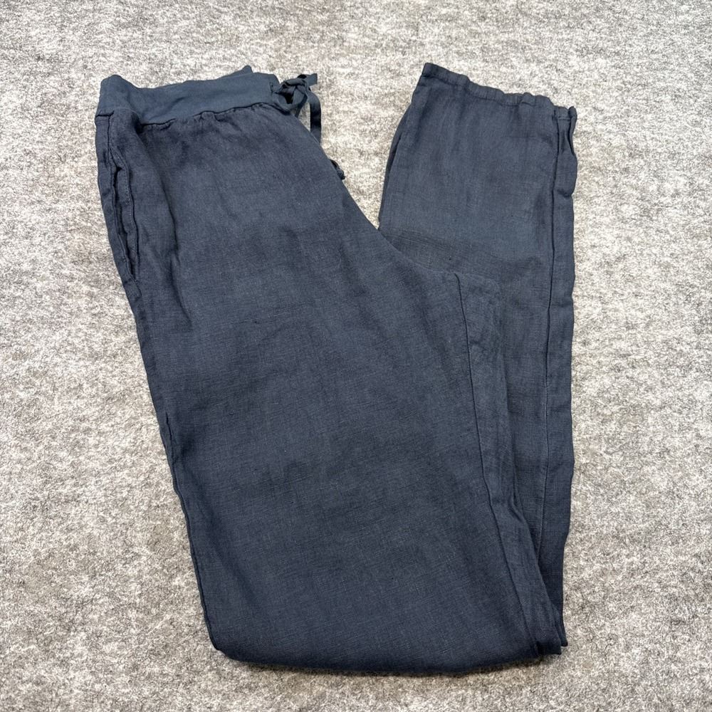 NEW Flax full length linen pants womens P 4-6 mix fabric teal drawstring pockets